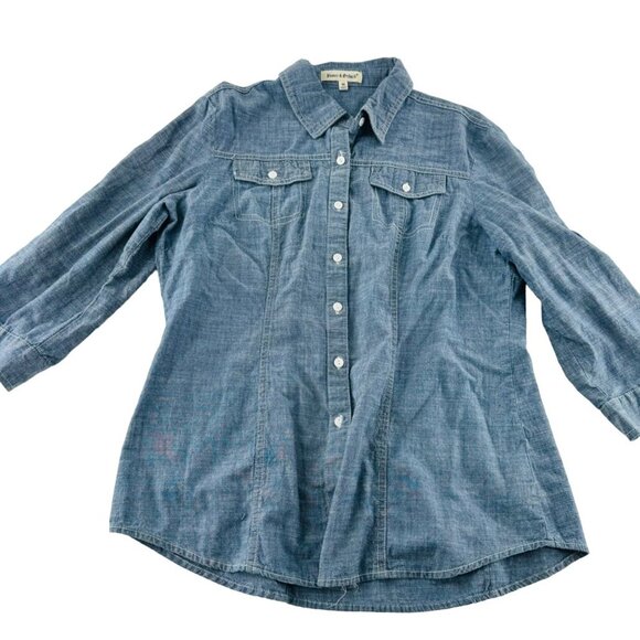 Hester & Orchard Women's size Medium Chambray Blue Button-Up Shirt 3/4 sleeves - Picture 1 of 5
